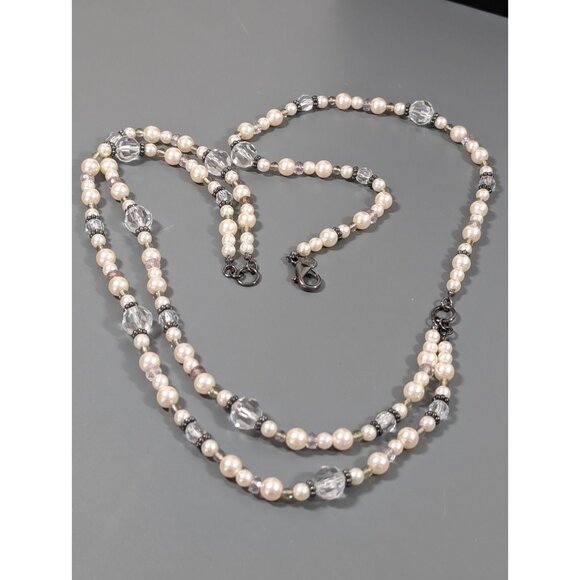 Cookie Lee White Faux Pearl Layered Convertible Statement Necklace Gray Metallic - Picture 8 of 10